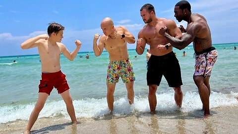 World strongest kid vs Bodybuilders in Miami Beach.