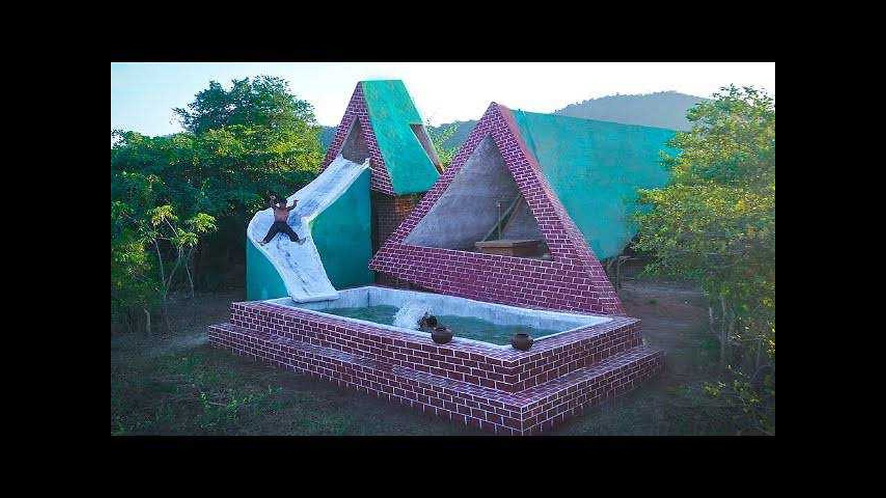 Build Most Wonderful Mud Twin House, Water Slide With Swimming Pool