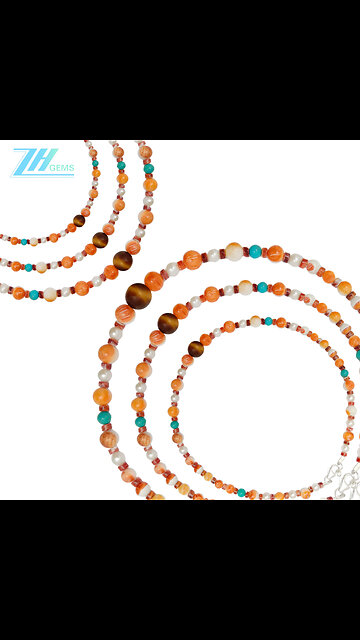 Natural turquoise orange spiny oyster pearl smooth beads with brown tigereye pendant01