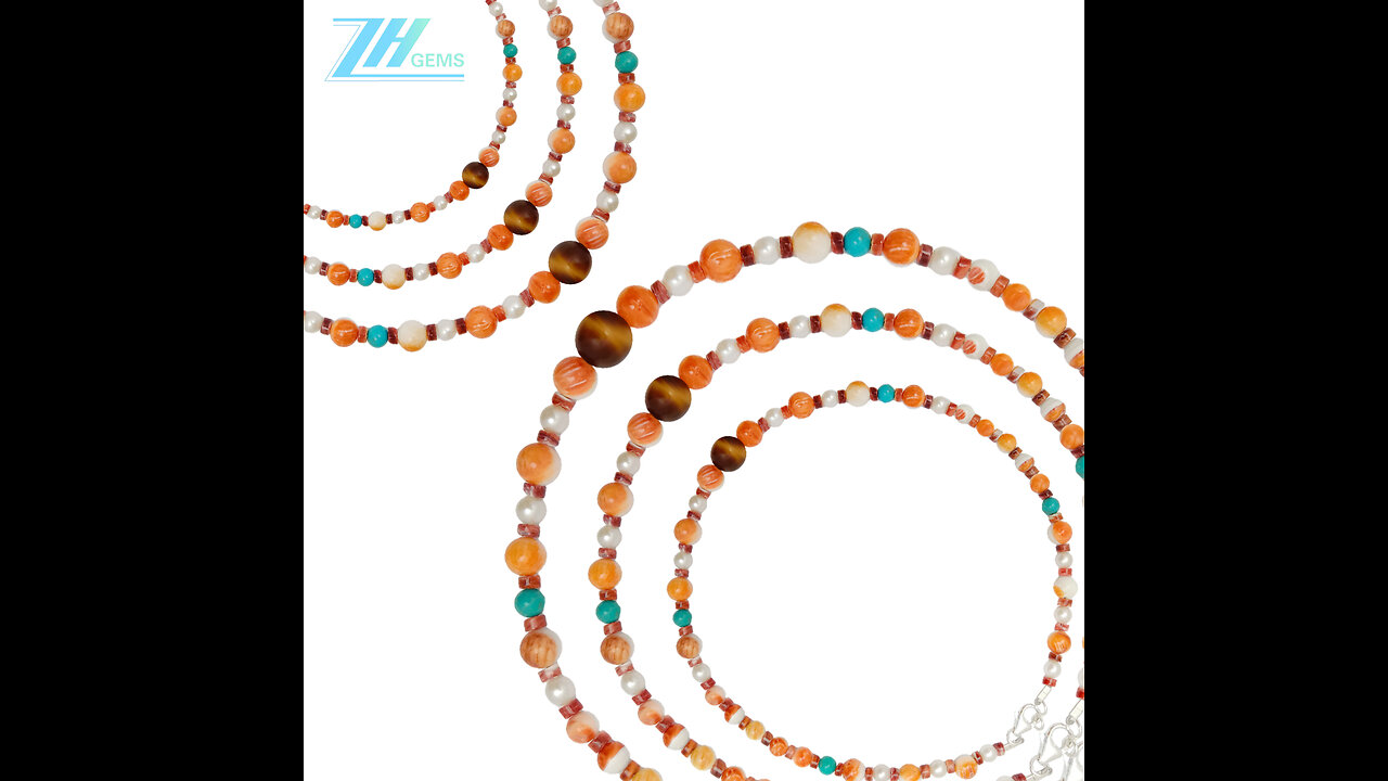 Natural turquoise orange spiny oyster pearl smooth beads with brown tigereye pendant01