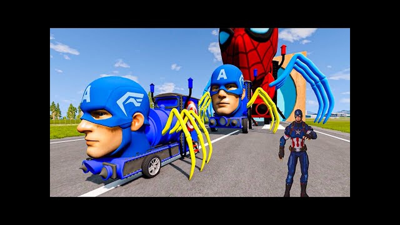 Big & small Cars Avenger Captain America train and Spider Man Train - BeamNG Drive