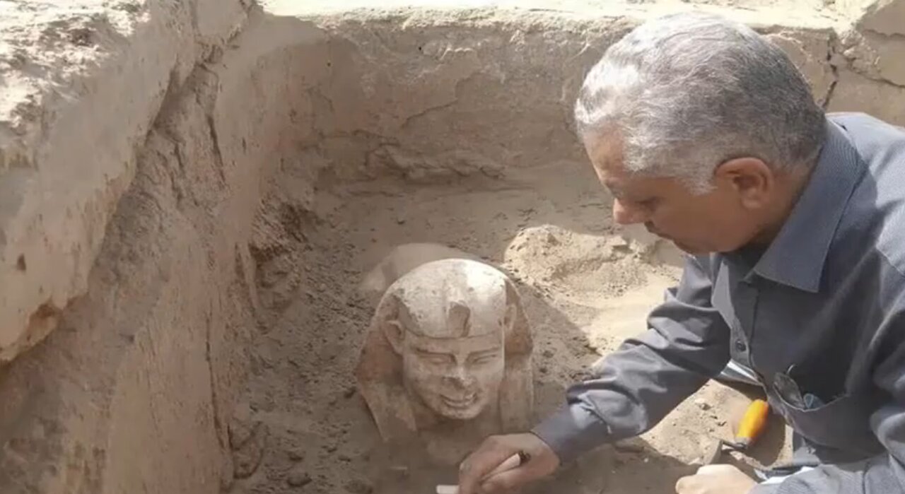 Mini-sphinx with a "smiley face" seen in Egypt