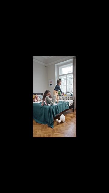 Kids Playing Catch The Bait With Their Cat In The Bedroom