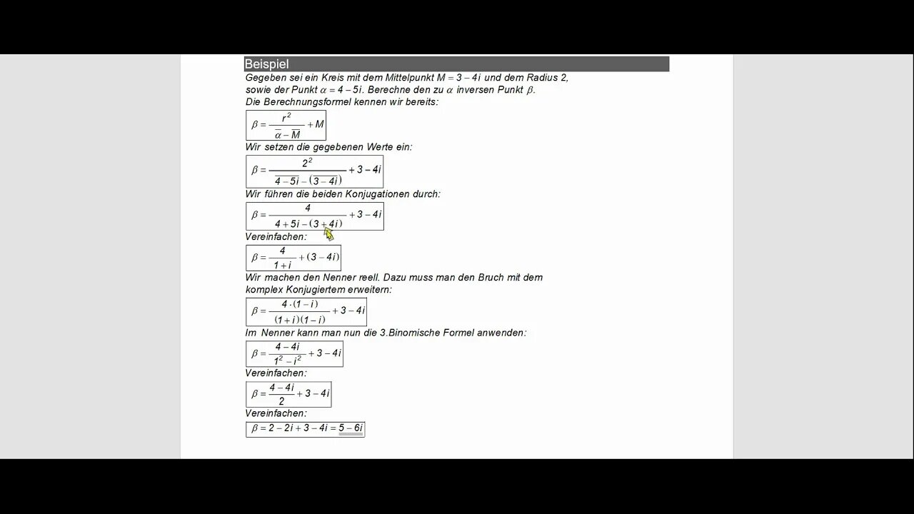 Komplexe Funktionen ►Inversion am Kreis ►Inversen Punkt mit Formel berechnen