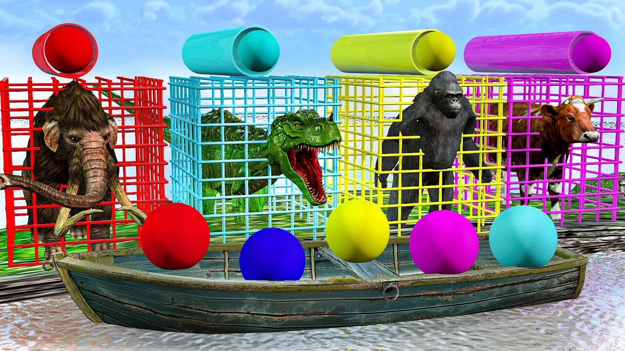 Cage, Pipe, Bowling, Mix Game! with Zombie T Rex,Gorilla,Elephant, Buffalo, Camel Wild Animal Games