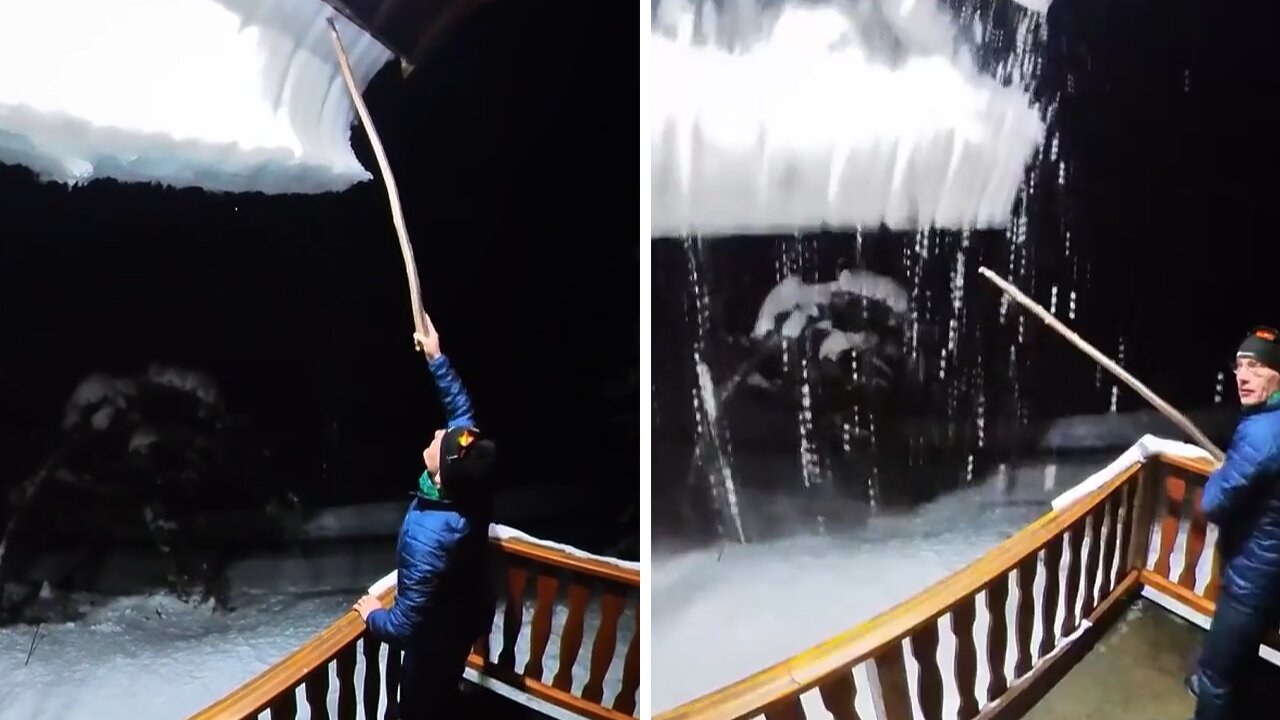 Avalanche of snow falls off mountain home