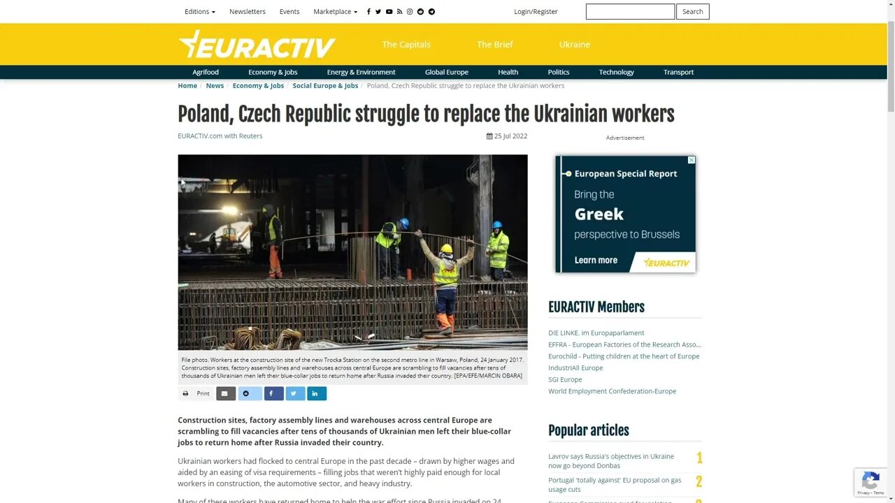 Poland & Czech Republic suffer labour shortage due to Ukrainian workers returning to go fight war...