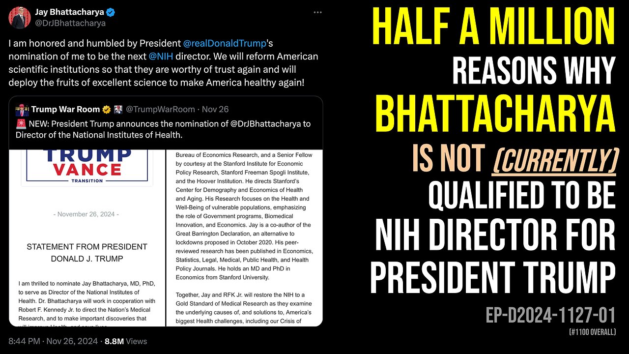 Half a million reasons why Jay Bhattacharya is not (currently) qualified to be NIH director to Trump