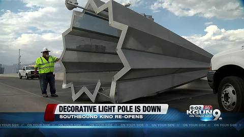 Decorative light pole removed from roadway, Kino Parkway back open