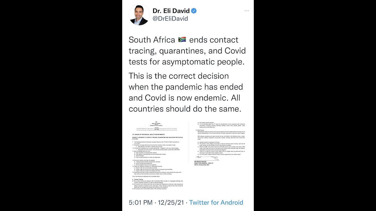 South Africa ends contact tracing, quarantines and COVID tests for asymptomatic people.