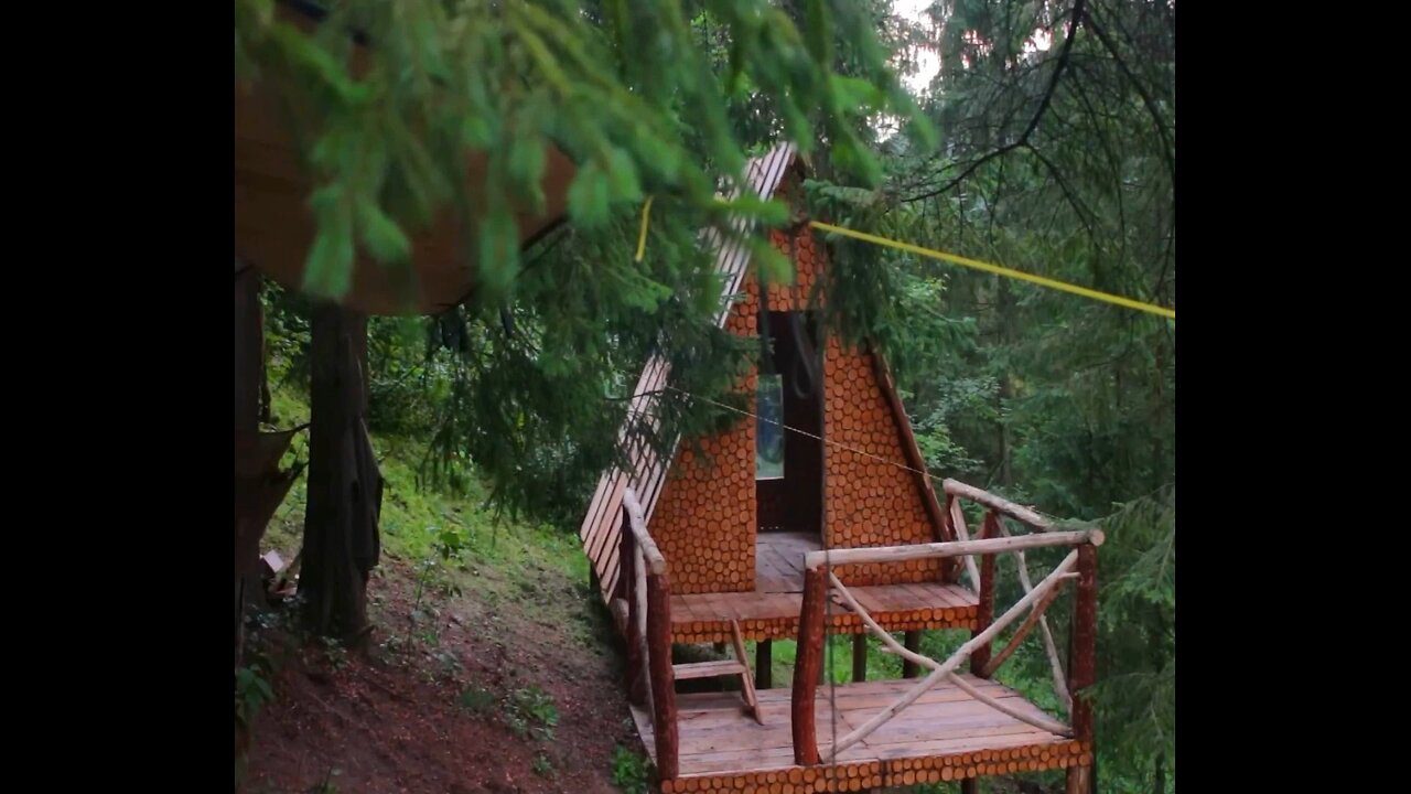 Alone, build a wooden house in the forest. do it yourself