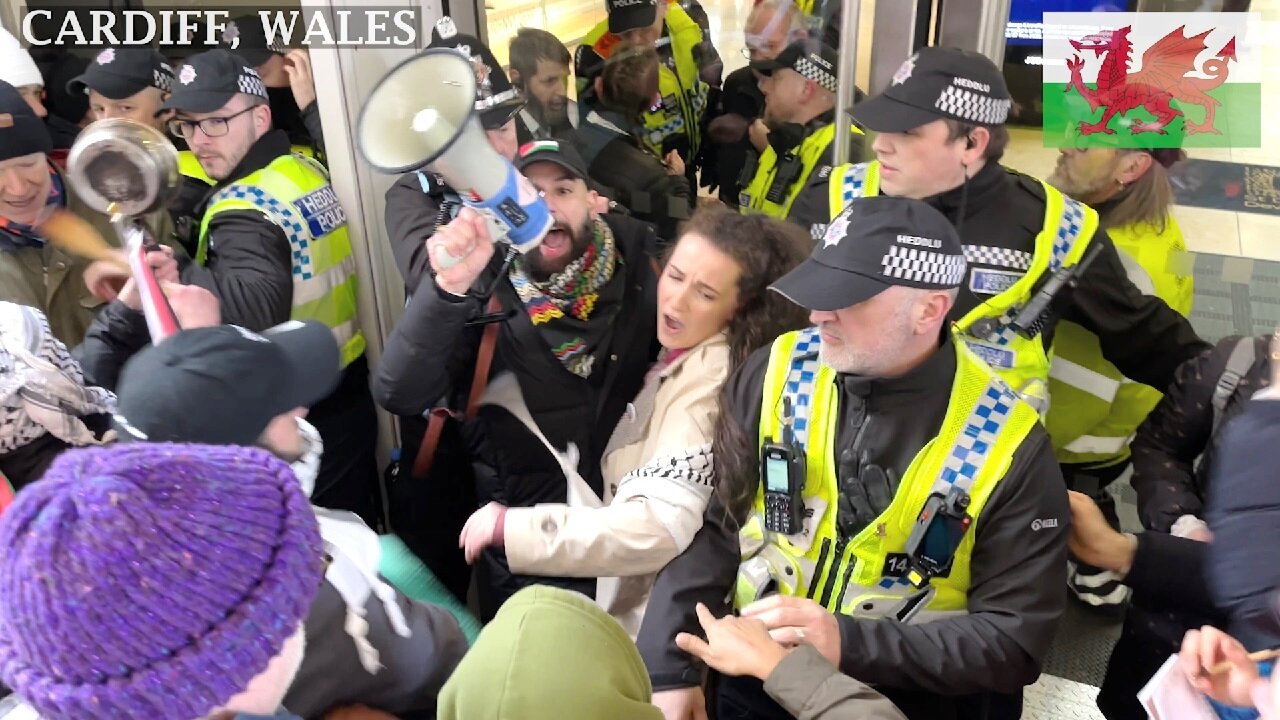 Pro-Palestinian Protesters at Saint Davids Shopping Centre, Cardiff Wales