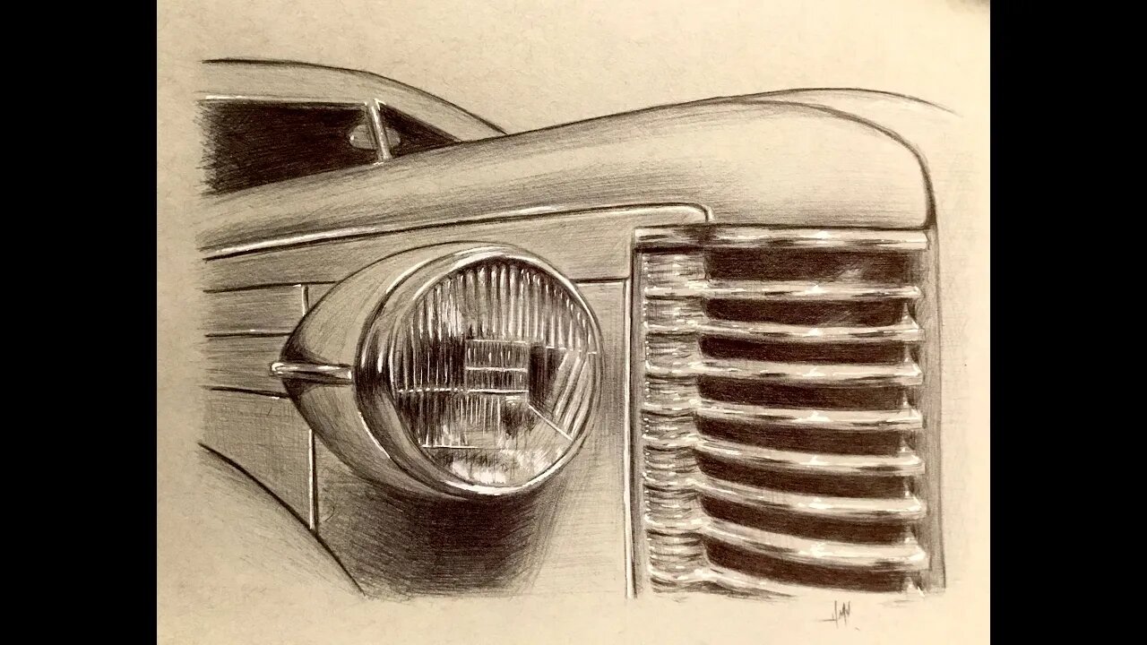 Ballpoint Pen Drawing of a Classic Car Grill and Headlight, How to draw