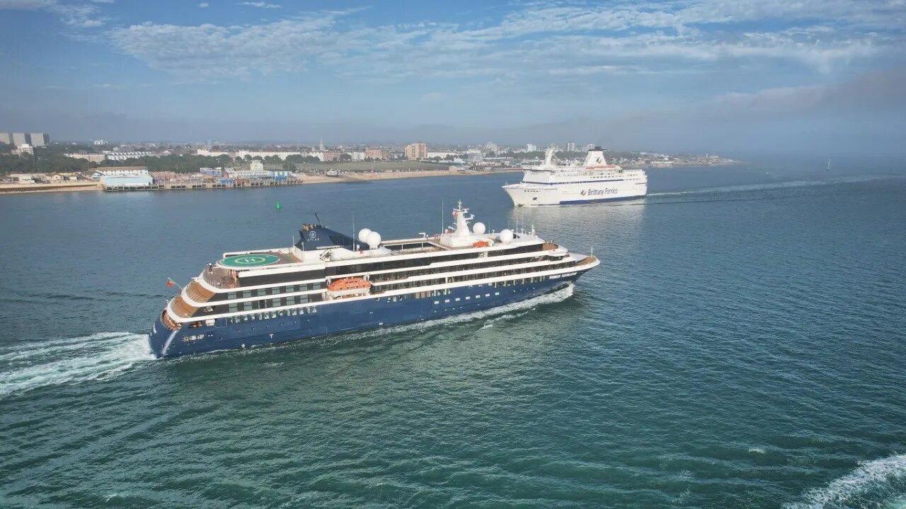 World Navigator Atlas ocean Voyages departs Portsmouth expedition ship + hovercraft 4k drone footage