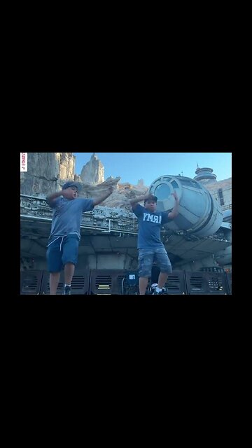 Twin dancers show off fun routine in front of Millennium Falcon