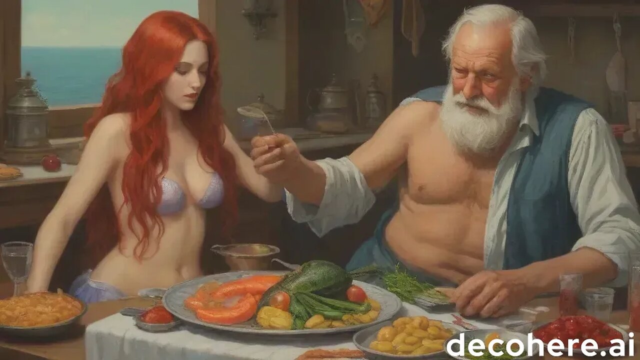 A Mermaid becoming the menu of a old man