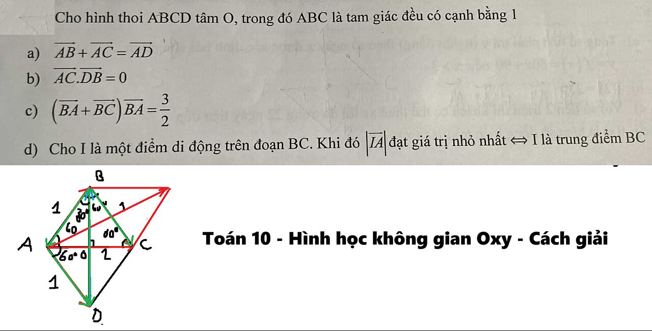 Toán 10: Oxy: Cho hình thoi ABCD tâm O, trong đó ABC là tam giác đều có cạnh bằng 1. Đúng/sai