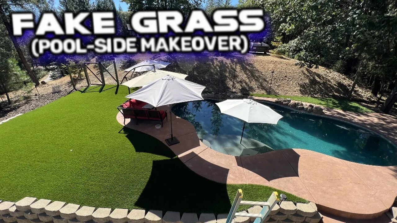 Nasty old Bark OUT, Artificial Turf IN! A pool-side Makeover start to finish. WAY BETTER!