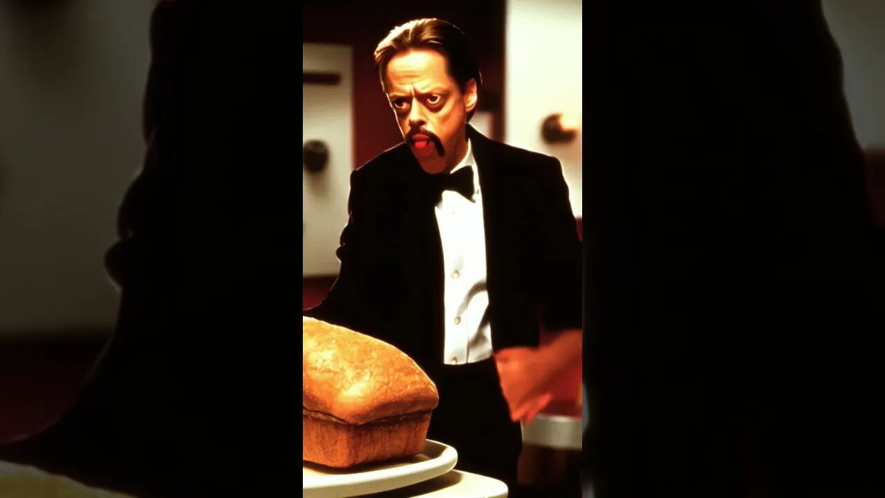 AI generated Steve buscemi as a waiter carrying a gigantic loaf of bread