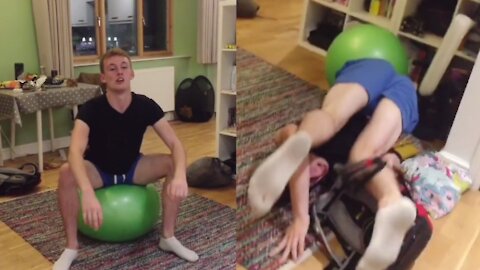 The guy just sat down on the exercise ball and then it happened...