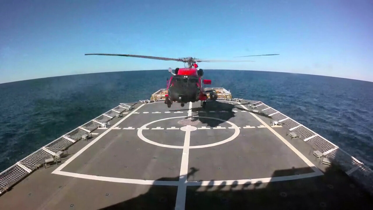 B-Roll USCGC Stone (WMSL 758) conducts helicopter operations