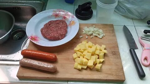 Air Fryer Breakfast of Burger, Sausage, Potatoes, and Eggs in Minutes