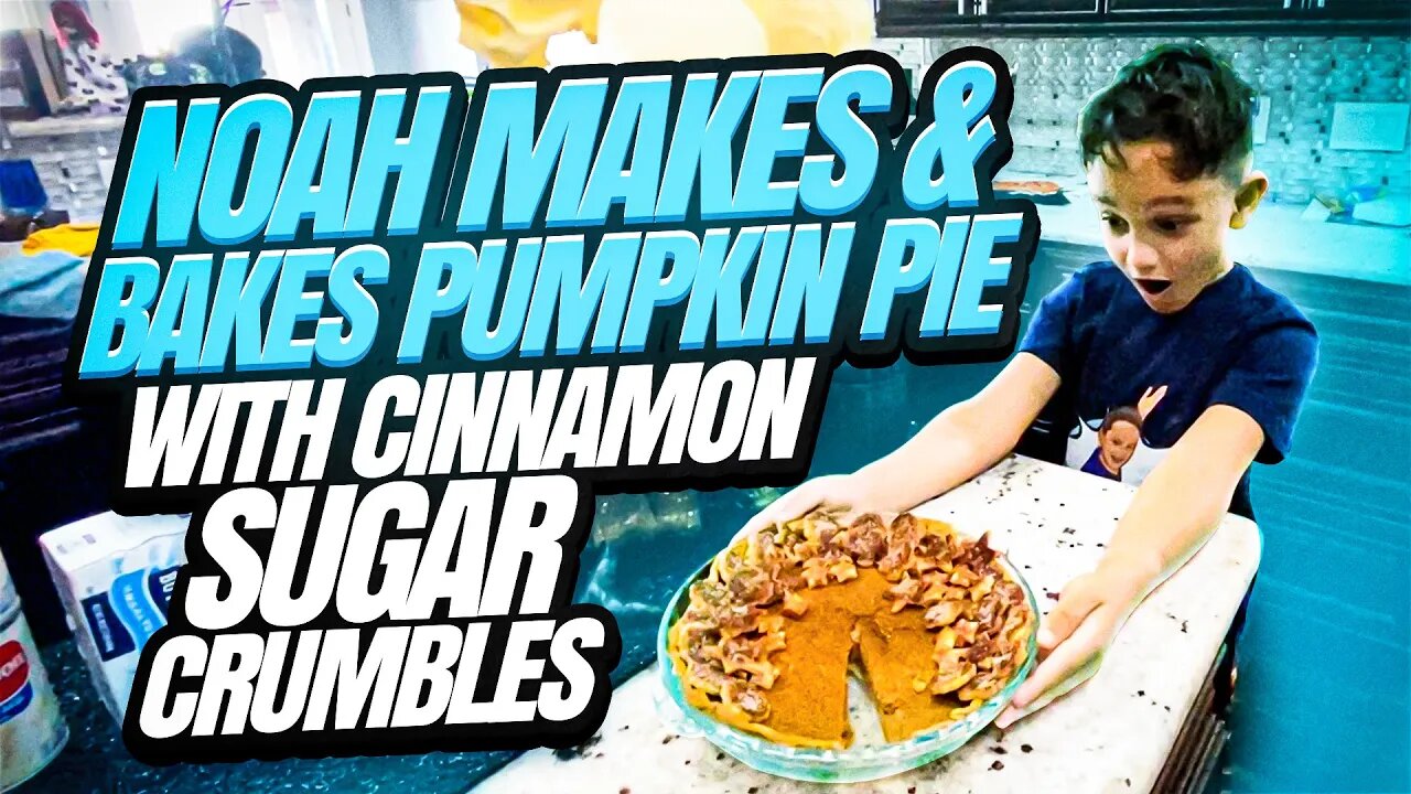 Noah makes & bakes pumpkin pie with cinnamon sugar crumbles, best recipe for Halloween!