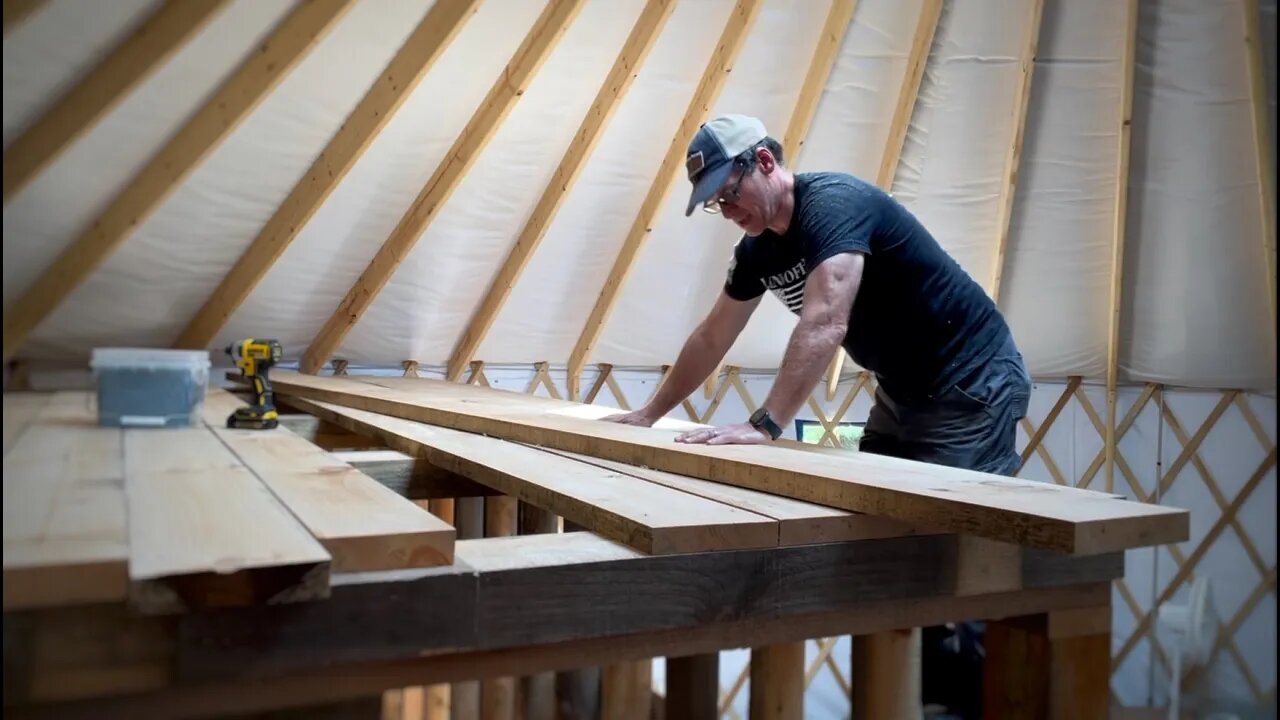 #31 Two Story YURT: The loft flooring gets installed as well as the hearth