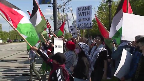 Demonstrators gather in Crocker Park to demand 'an end to Israeli attacks on Palestinians'