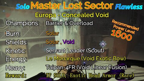 Destiny 2 Master Lost Sector: Europa - Bunker E15 on my Hunter Solo-Flawless 10-7-22