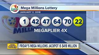 $4 million Mega Millions ticket sold in Florida; Friday's jackpot increases to $418 million