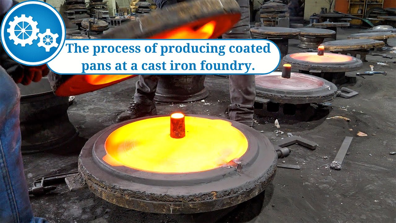 The process of producing coated pans at a cast iron foundry.