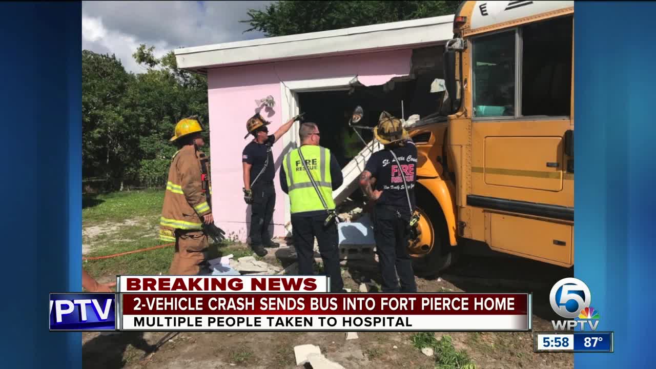 Vehicle crash sends school bus into Fort Pierce house