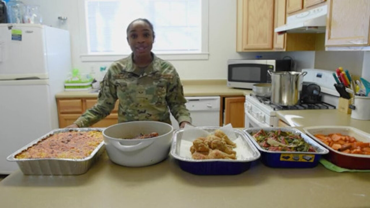 Cooking African American cultural foods with Senior Airman Stewart