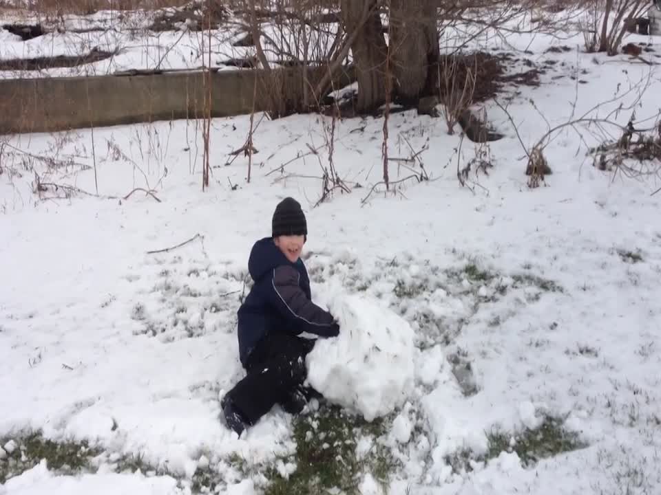 Boy Faces off with Big Snowball