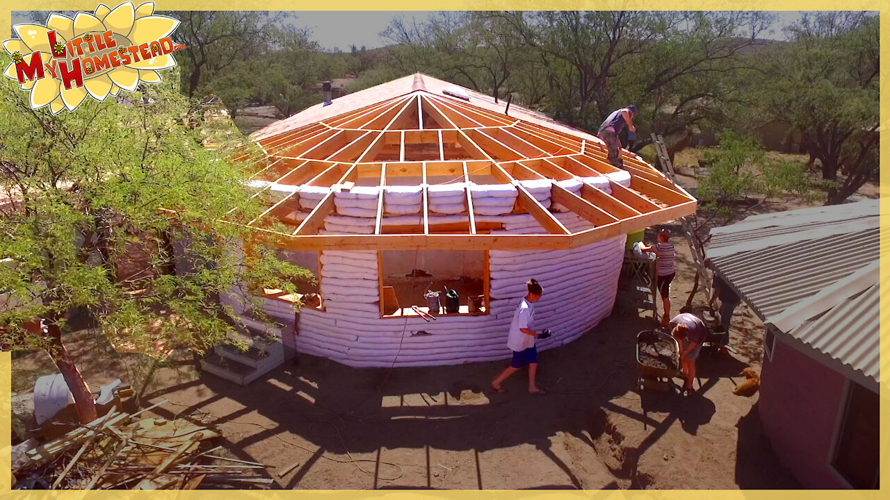 Completing Rafters, Grey Water & Disco Lights! | Earthbag Kitchen & Bathroom | Weekly Peek Ep143