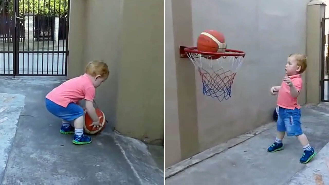 22 month old baby plays basketball