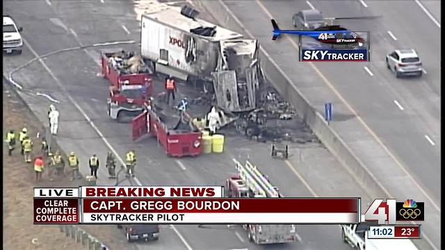 Semi hauling explosive gas crashes, closes NB I-35 at Mission