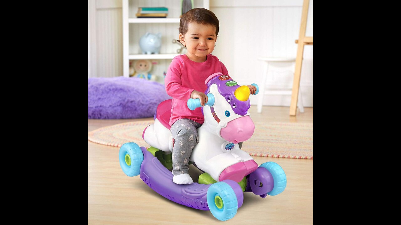 VTech Prance and Rock Learning Unicorn, Multicolor, 12 to 36 Months. This unicorn has a transformable base to change it from a rocker to a ride-on toy as your child grows. Learn about colors and encourage imaginative play with songs, melodies and