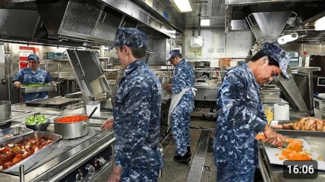US Navy Cooks Prepare Large Quantity of Food For Crazy Rush Hour