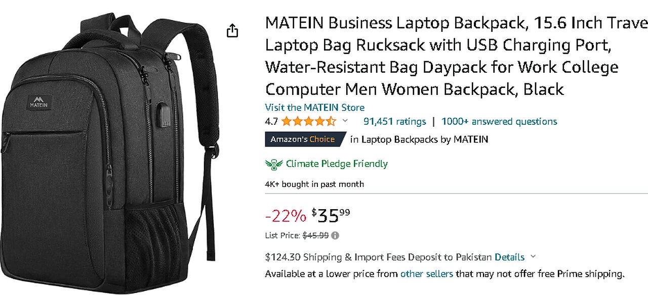 MATEIN Business Laptop Backpack, 15.6 Inch Travel Laptop Bag Rucksack with USB Charging Port