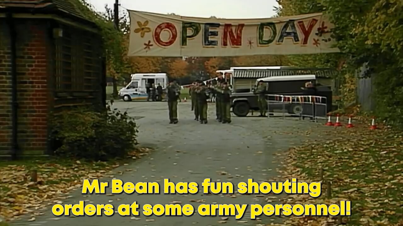 Mr Bean has fun shouting orders at some army personnel!