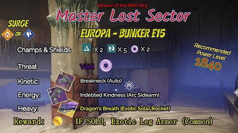 Destiny 2 Master Lost Sector: Europa - Bunker E15 on my Solar Titan 4-1-24