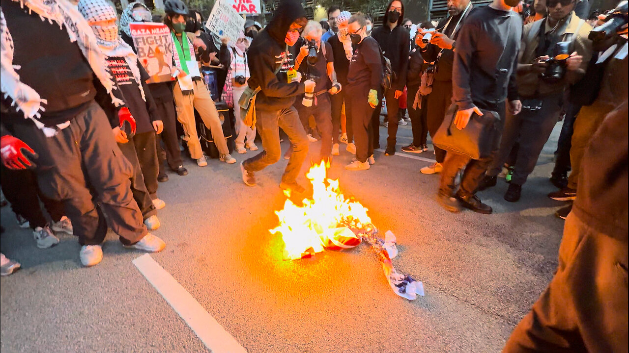 American Flag Set On Fire at Protest in Chicago Outside Israeli Consulate