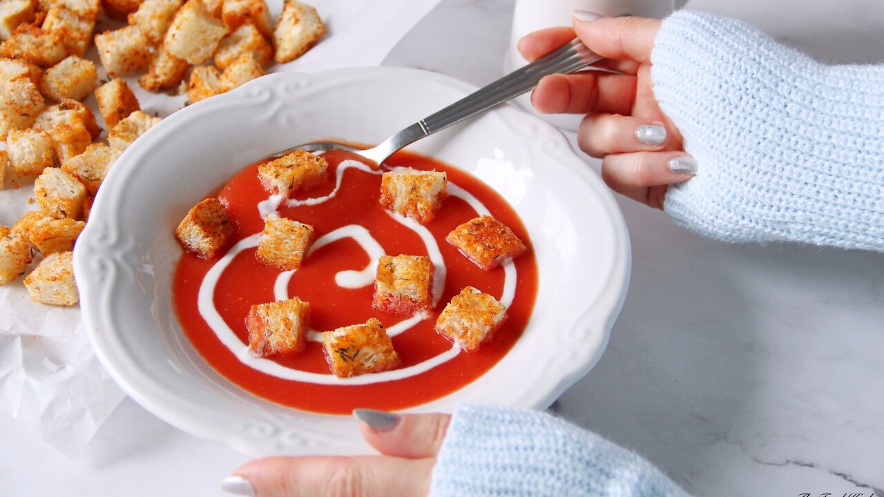 Root Vegetable Soup with Homemade Croutons and Yogurt Swirl