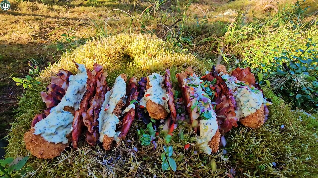 Bacon Shell Taco with fried Chicken (ASMR cooking, Camping, Relaxing Sounds)