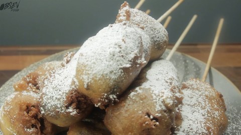 Strawberry Cheesecake Funnel Cake Corn Dogs