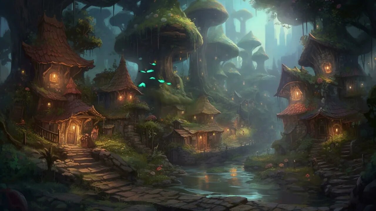 Enchanted Fantasy Ambience with Music | Crickets, Water, Birds | Night Elf Village