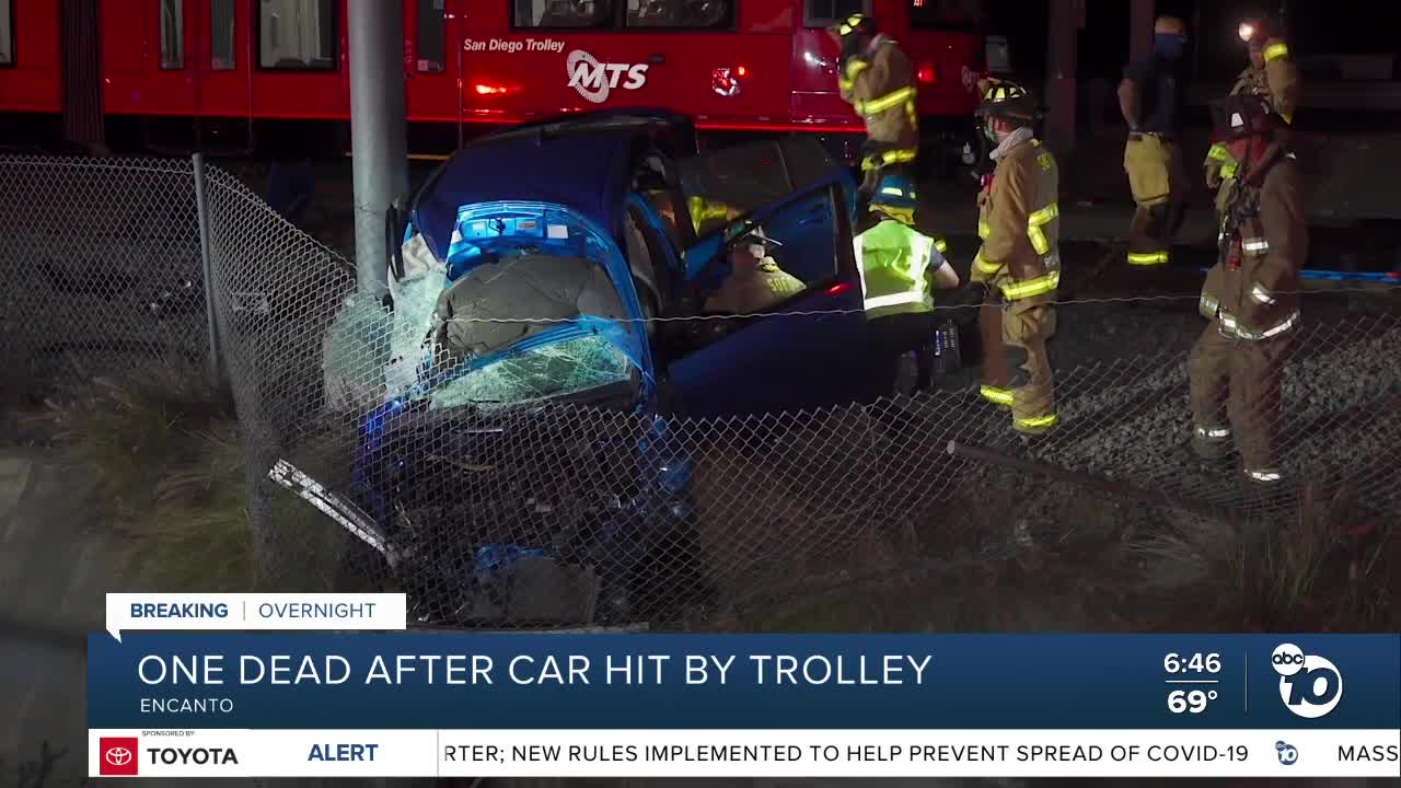 Car struck by trolley, driver killed
