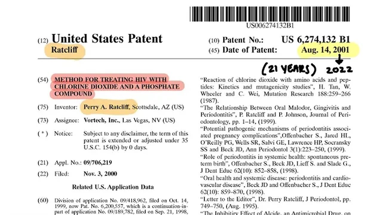 PATENT REVIEW: Method for treating HIV with chlorine dioxide and a phosphate compound *was banned*